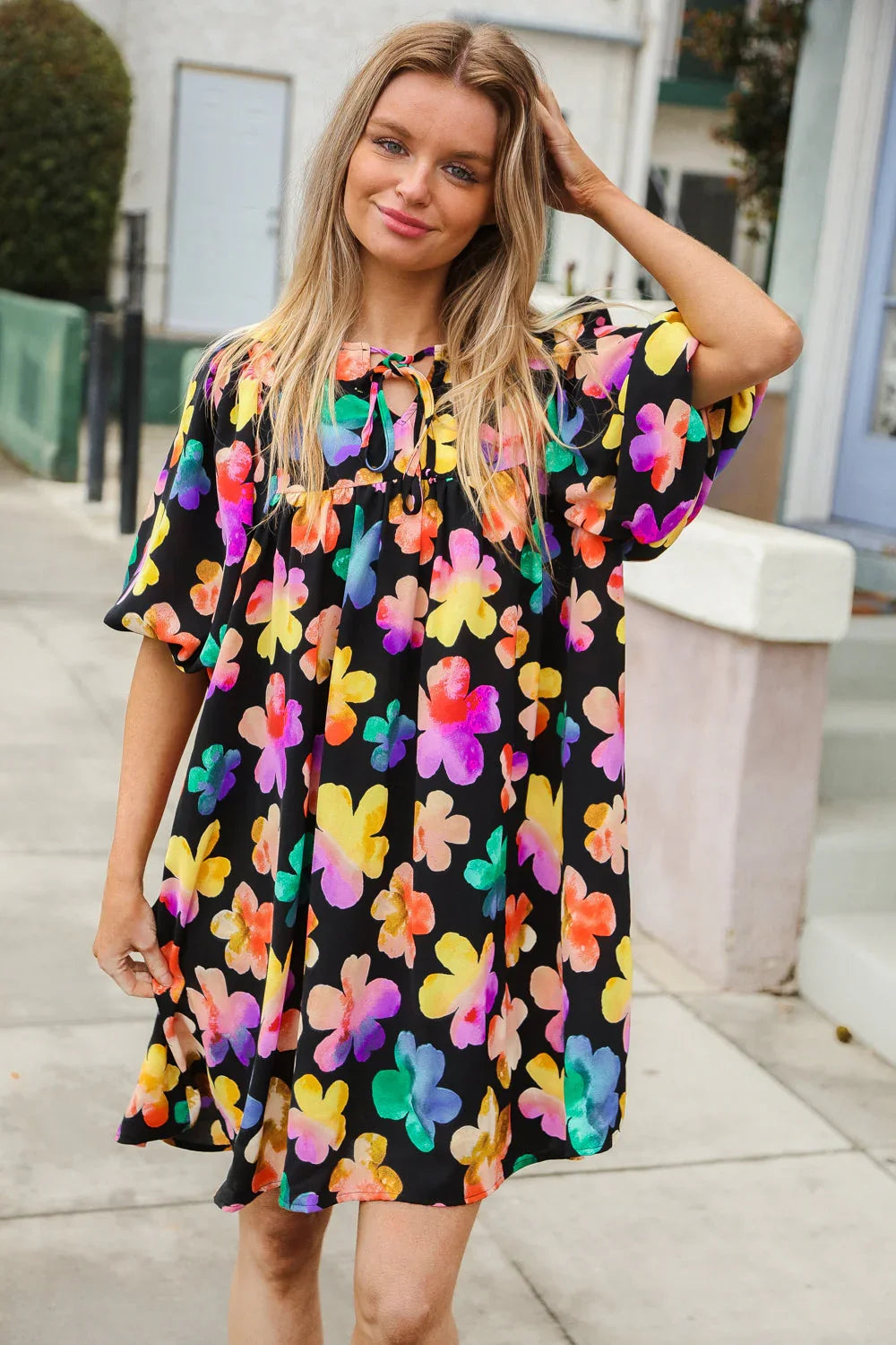 Look Adorable Ribbon Bow Tie Floral Babydoll Dress with Pockets | Daverri Fashions