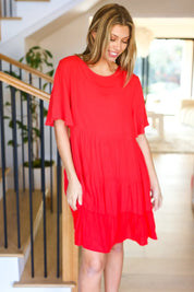 Feeling Bold Red Woven Panel Tiered Fluter Sleeve Dress | Daverri Fashions