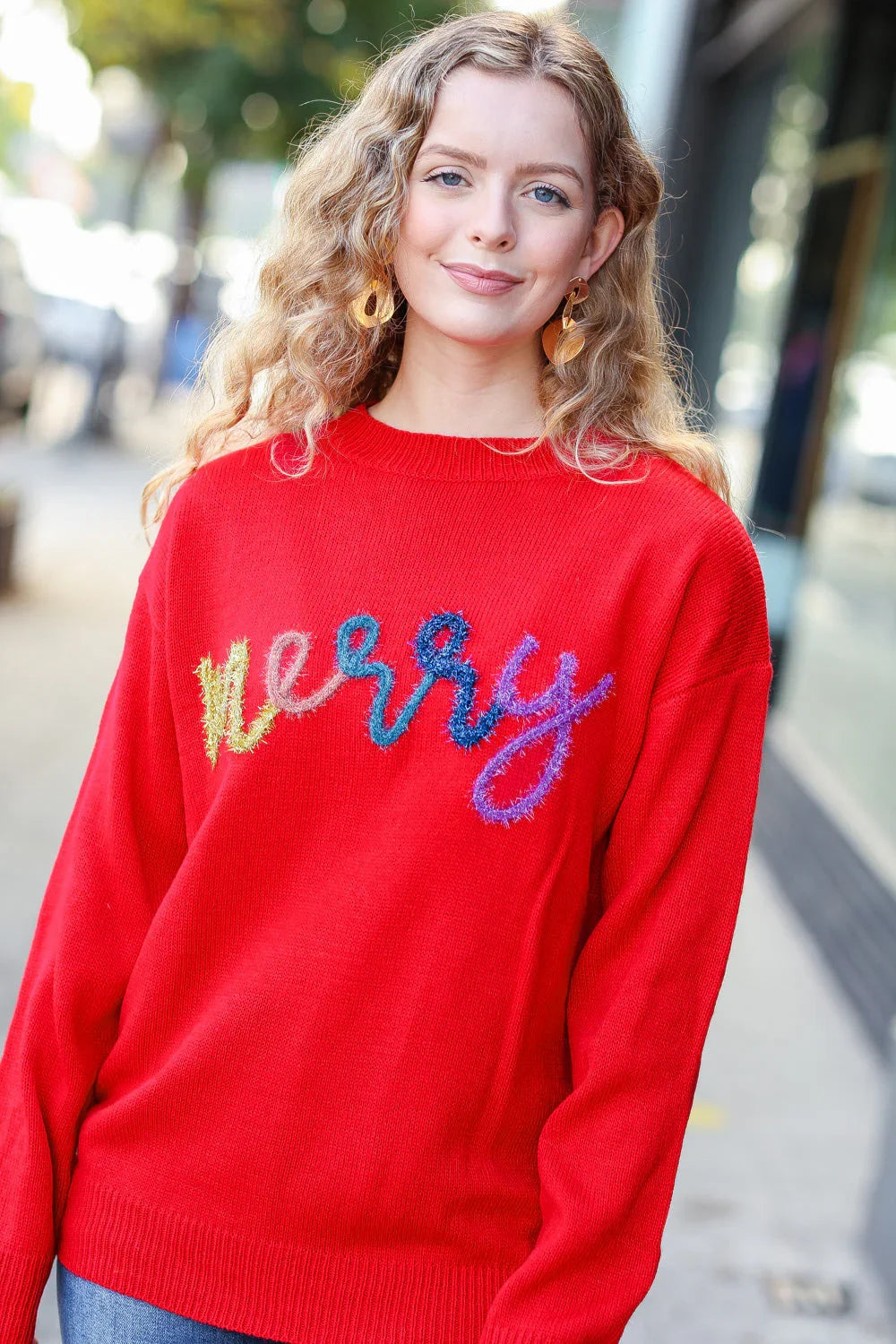 More The Merrier Red Pop Up Lurex Sweater | Daverri Fashions