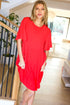 Red oversized t-shirt dress with pockets, short flutter sleeves