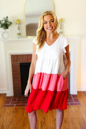 Peach & Cherry Red Tiered Frill Sleeve Midi Dress | Daverri Fashions