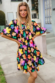 Look Adorable Ribbon Bow Tie Floral Babydoll Dress with Pockets | Daverri Fashions