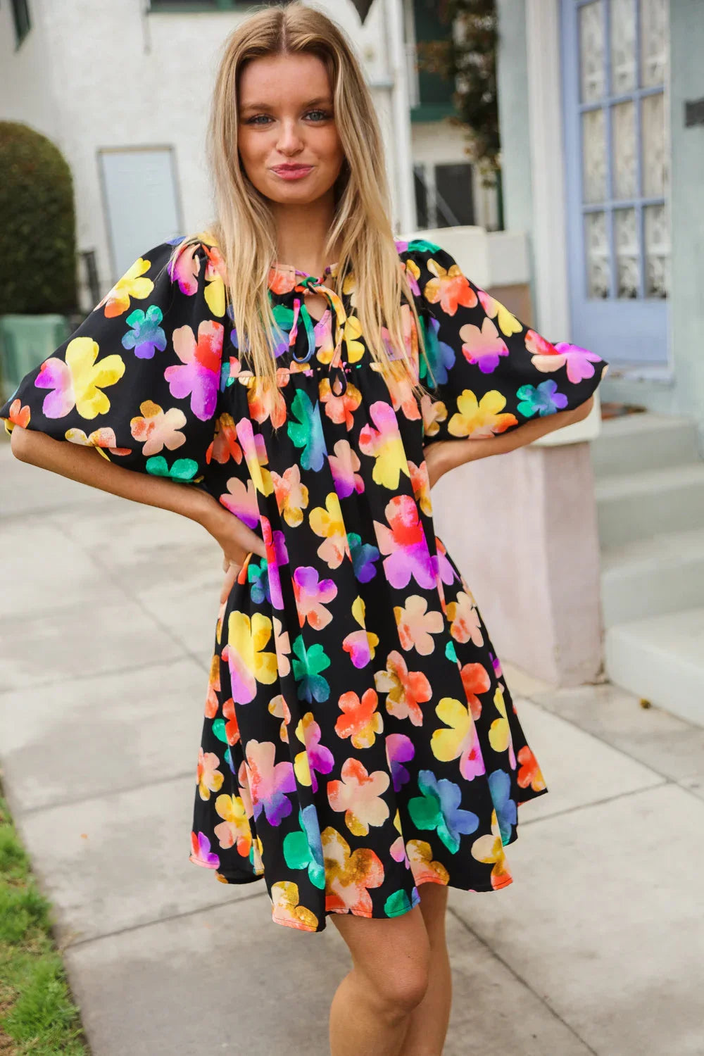 Look Adorable Ribbon Bow Tie Floral Babydoll Dress with Pockets | Daverri Fashions