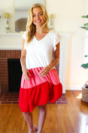 Peach & Cherry Red Tiered Frill Sleeve Midi Dress | Daverri Fashions