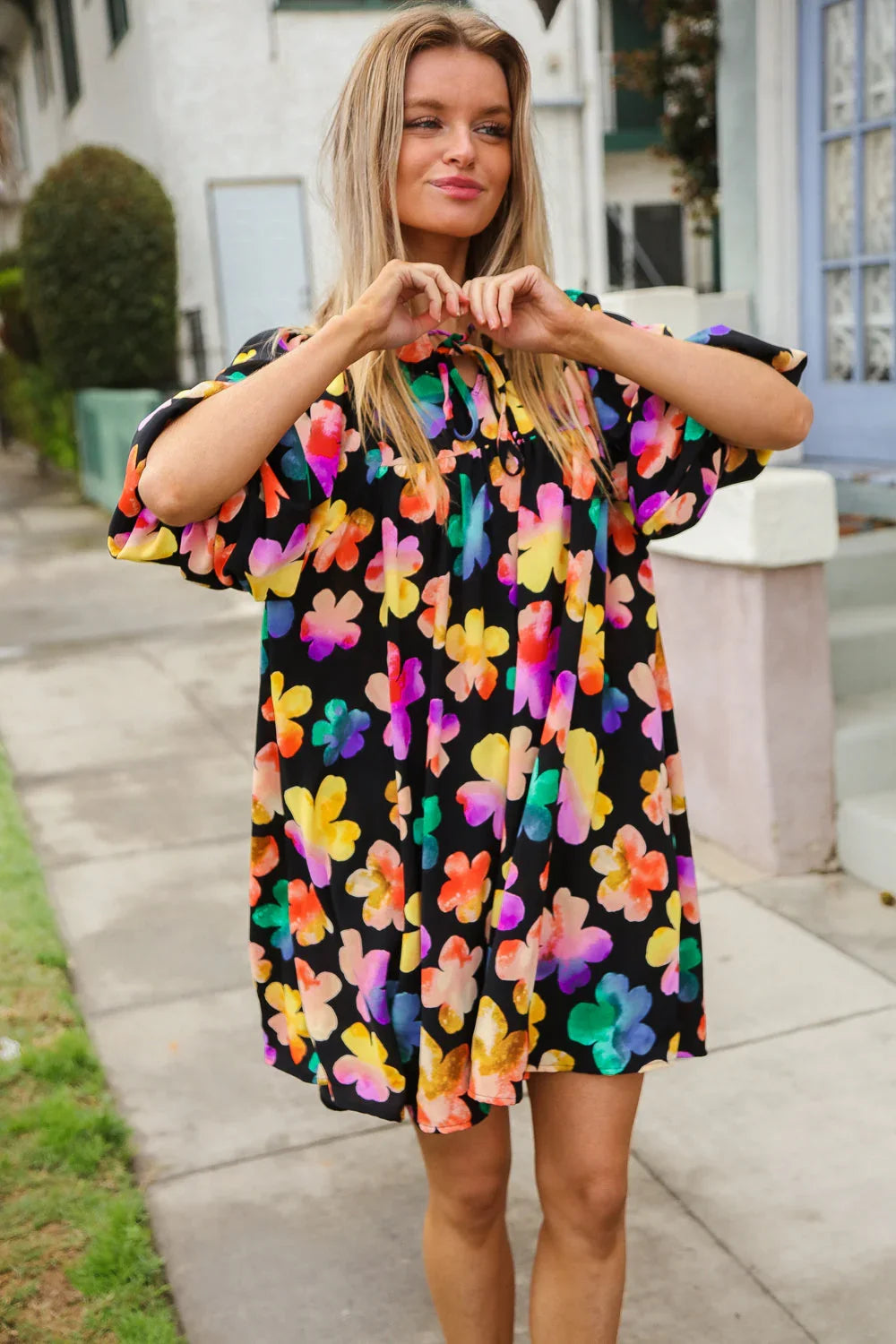 Look Adorable Ribbon Bow Tie Floral Babydoll Dress with Pockets | Daverri Fashions