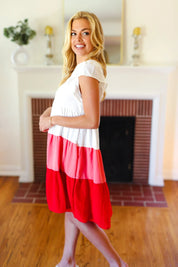 Peach & Cherry Red Tiered Frill Sleeve Midi Dress | Daverri Fashions