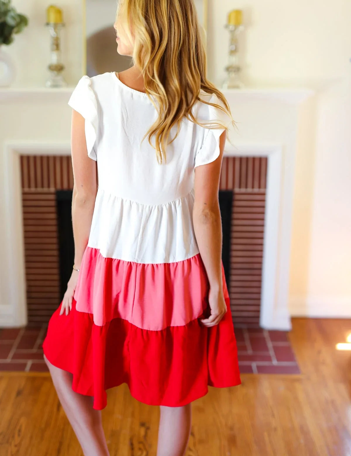 Peach & Cherry Red Tiered Frill Sleeve Midi Dress | Daverri Fashions