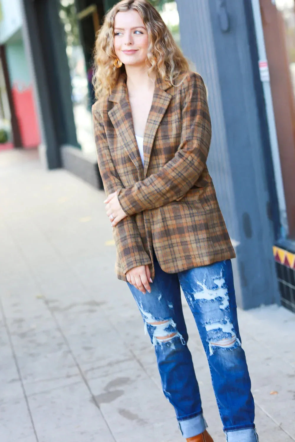 Make It Happen Spice Plaid Tailored Collar Lapel Blazer - DAVERRI FASHIONS