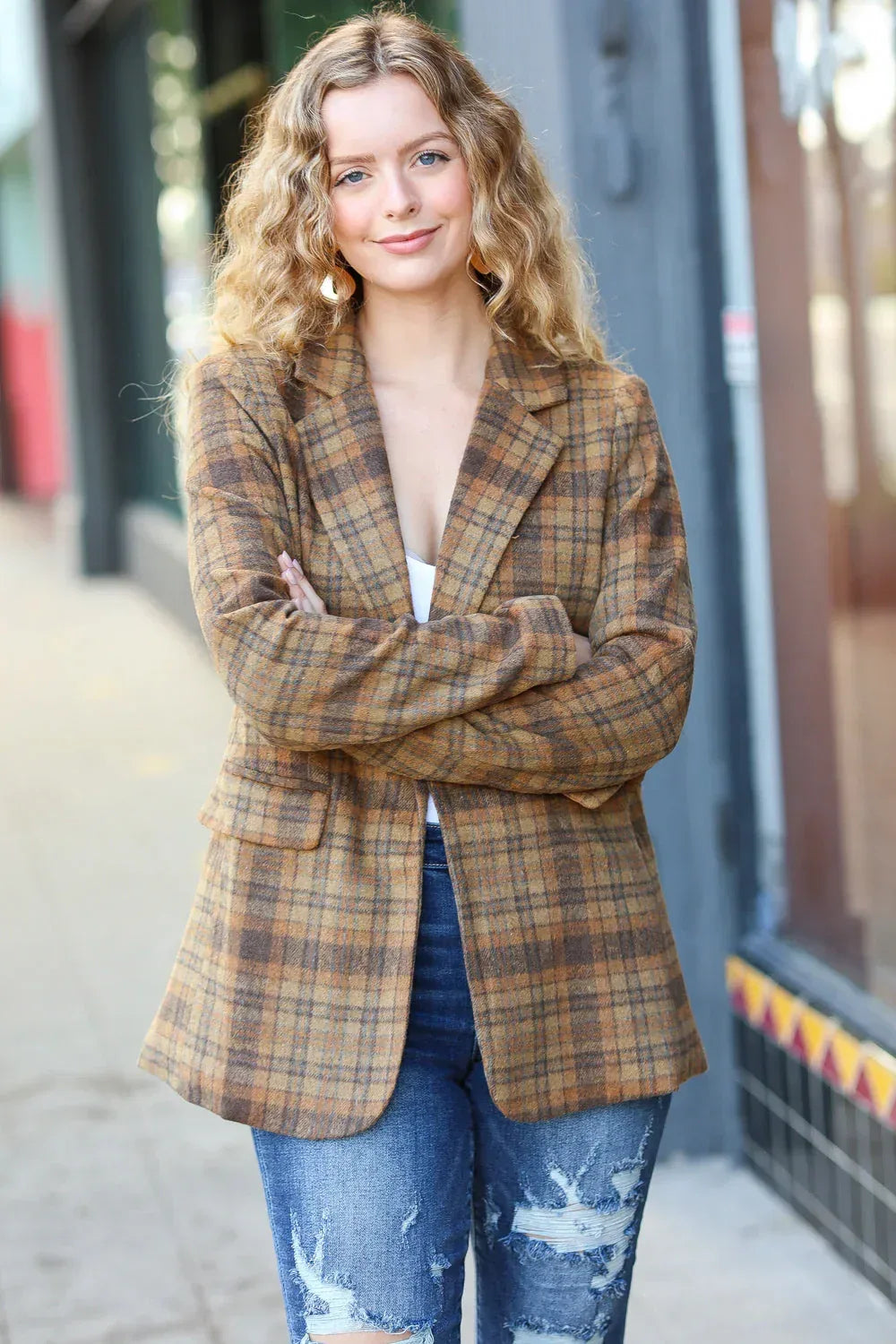 Make It Happen Spice Plaid Tailored Collar Lapel Blazer - DAVERRI FASHIONS