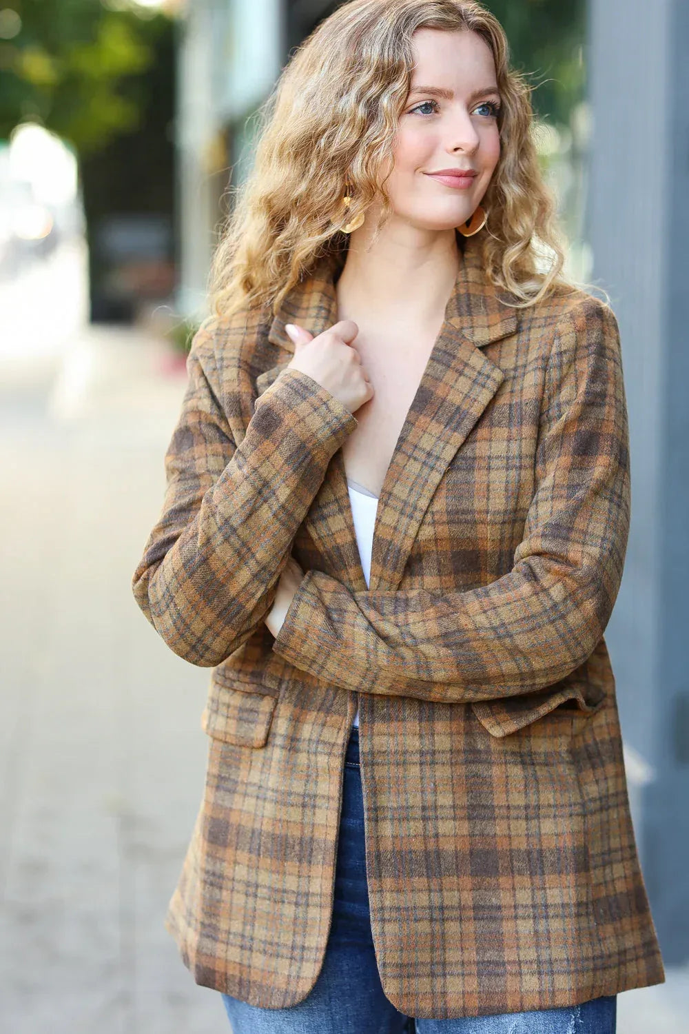 Make It Happen Spice Plaid Tailored Collar Lapel Blazer - DAVERRI FASHIONS