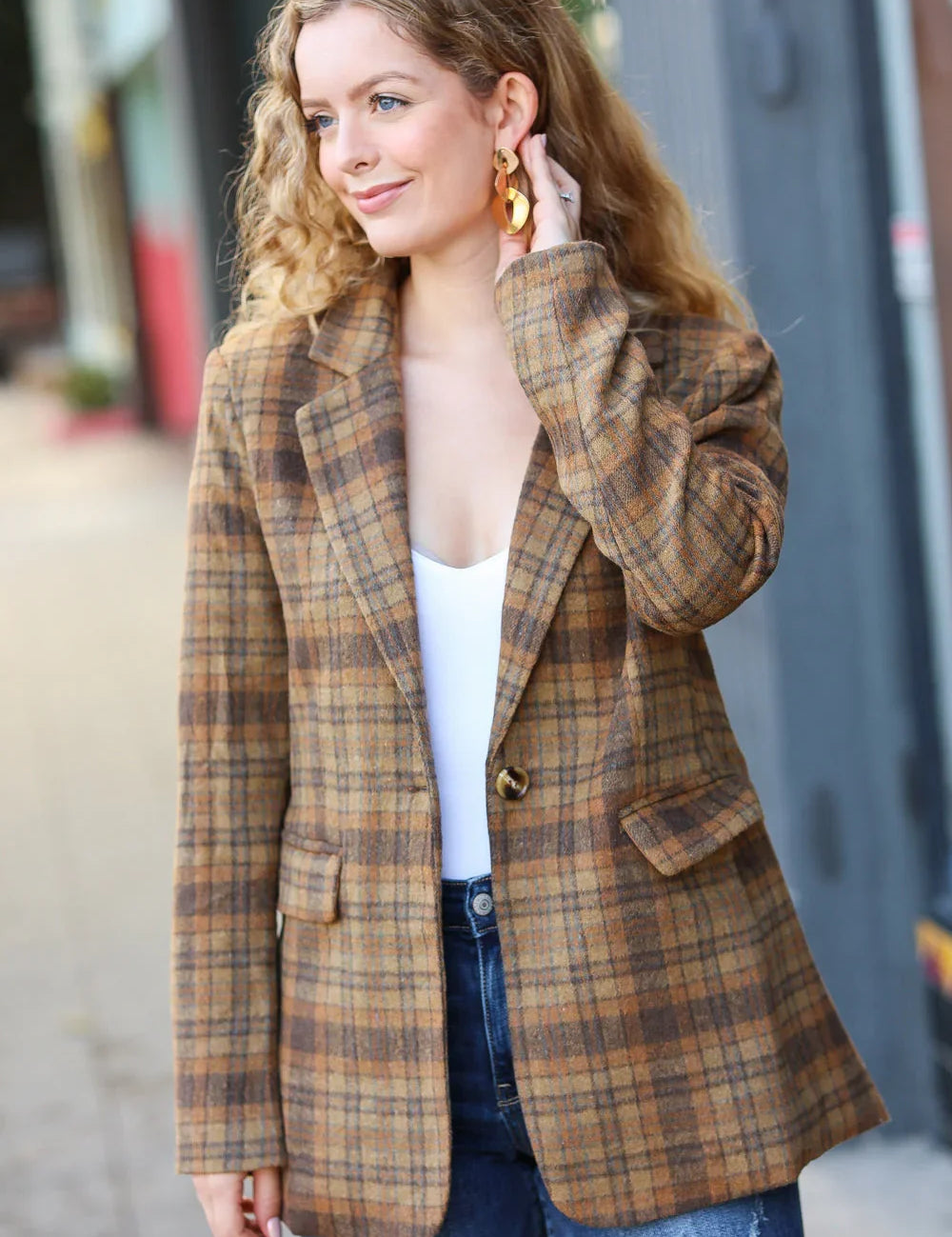 Make It Happen Spice Plaid Tailored Collar Lapel Blazer | Daverri Fashions