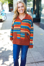 Casual Living Rust & Teal Striped Two Tone Knit Pocketed Top | 2024 Blow-Out Sale Daverri Fashions