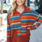 Casual Living Rust & Teal Striped Two Tone Knit Pocketed Top - DAVERRI FASHIONS