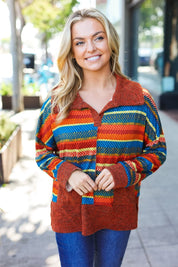 Casual Living Rust & Teal Striped Two Tone Knit Pocketed Top | 2024 Blow-Out Sale Daverri Fashions