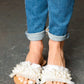 Ivory Linen Fray Beaded Faux Pearl Slide Sandal - DAVERRI FASHIONS