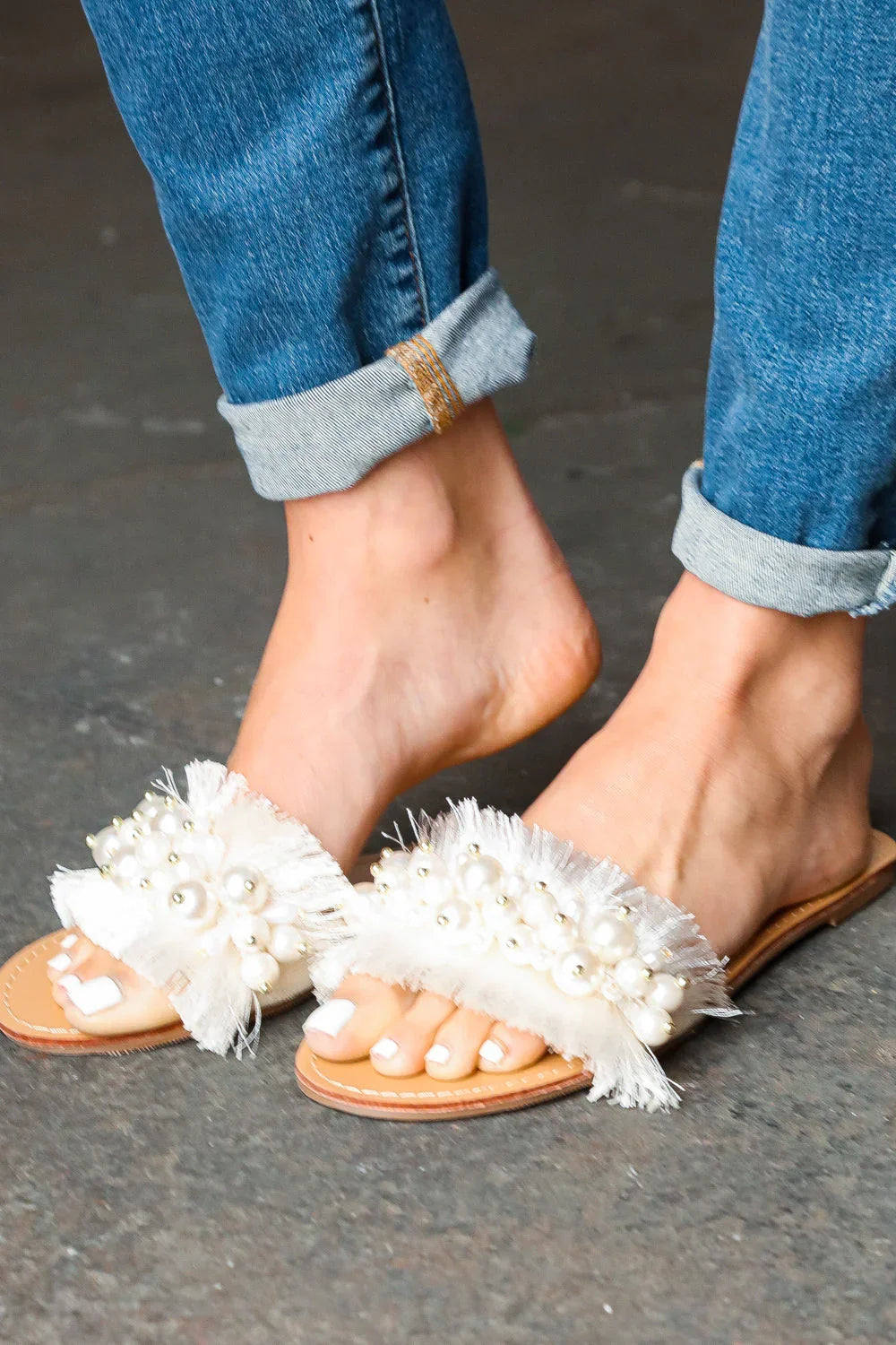 Ivory Linen Fray Beaded Faux Pearl Slide Sandal | Daverri Fashions