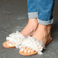 Ivory Linen Fray Beaded Faux Pearl Slide Sandal - DAVERRI FASHIONS