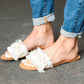 Ivory Linen Fray Beaded Faux Pearl Slide Sandal - DAVERRI FASHIONS