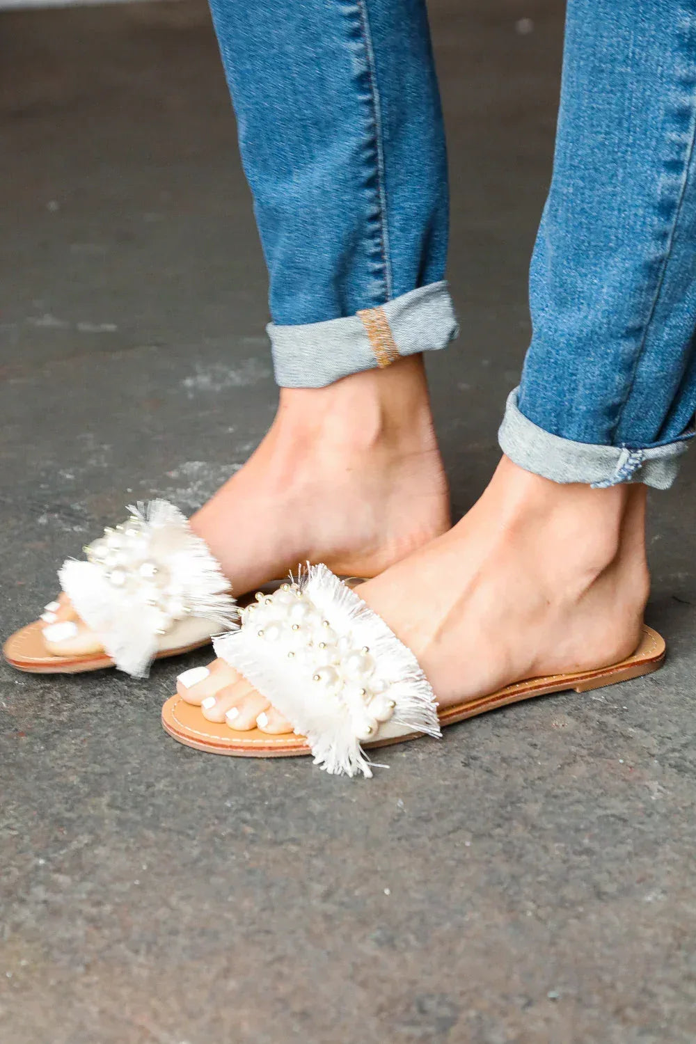 Ivory Linen Fray Beaded Faux Pearl Slide Sandal - DAVERRI FASHIONS