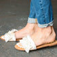 Ivory Linen Fray Beaded Faux Pearl Slide Sandal - DAVERRI FASHIONS