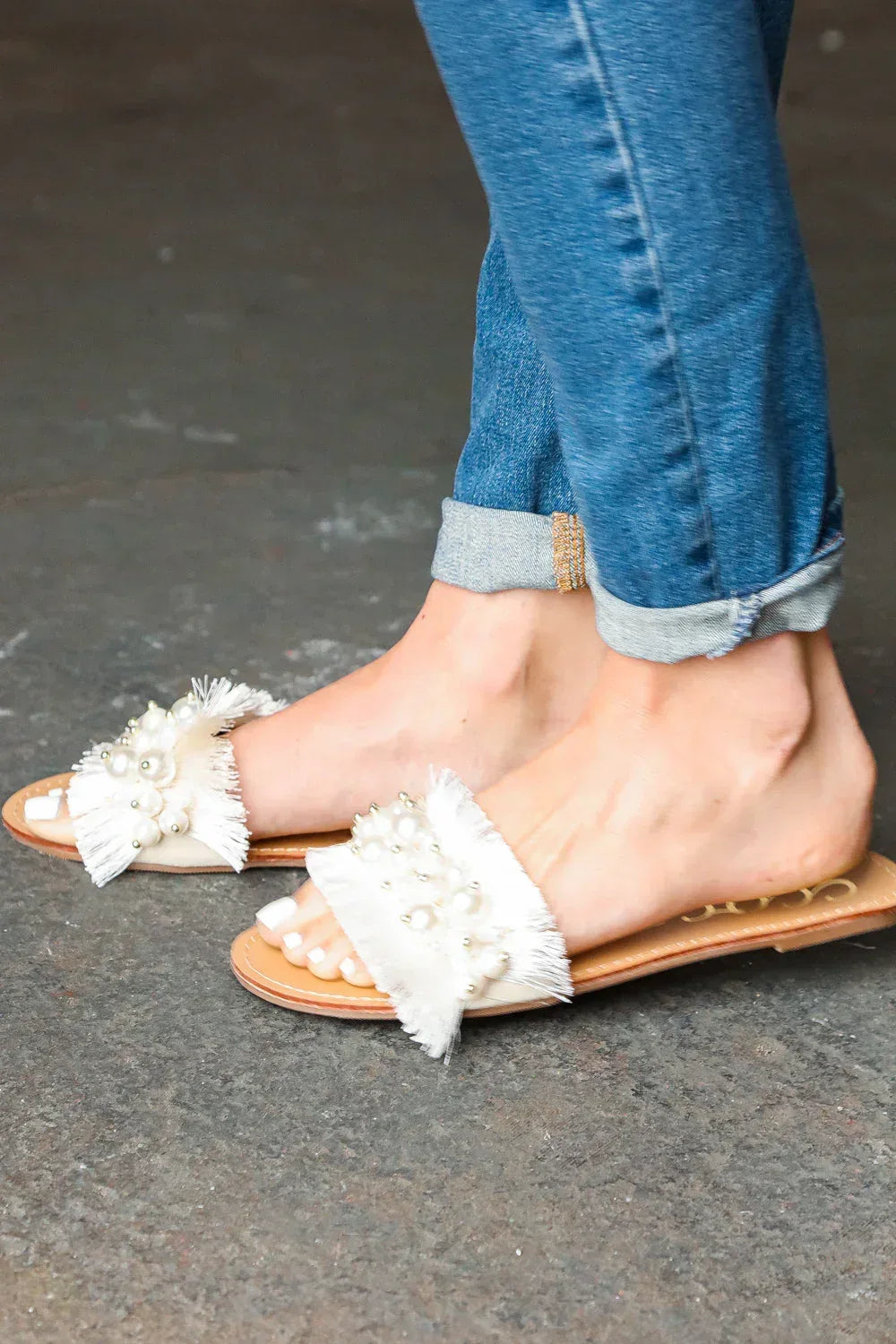 Ivory Linen Fray Beaded Faux Pearl Slide Sandal - DAVERRI FASHIONS