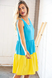 Blue Flare Color Block Tiered Woven Dress | Daverri Fashions