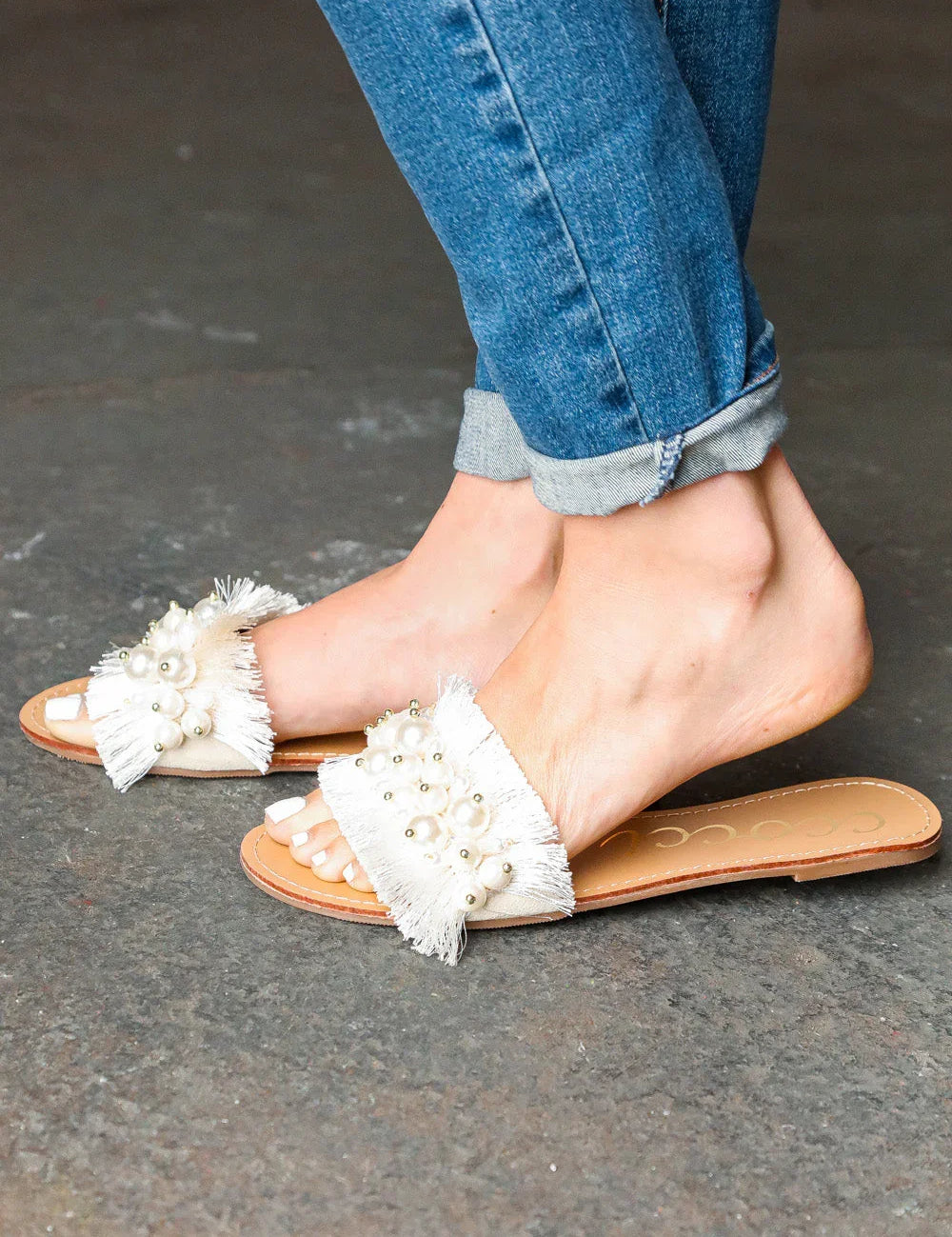 Ivory Linen Fray Beaded Faux Pearl Slide Sandal | Daverri Fashions