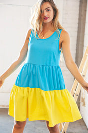 Blue Flare Color Block Tiered Woven Dress | Daverri Fashions
