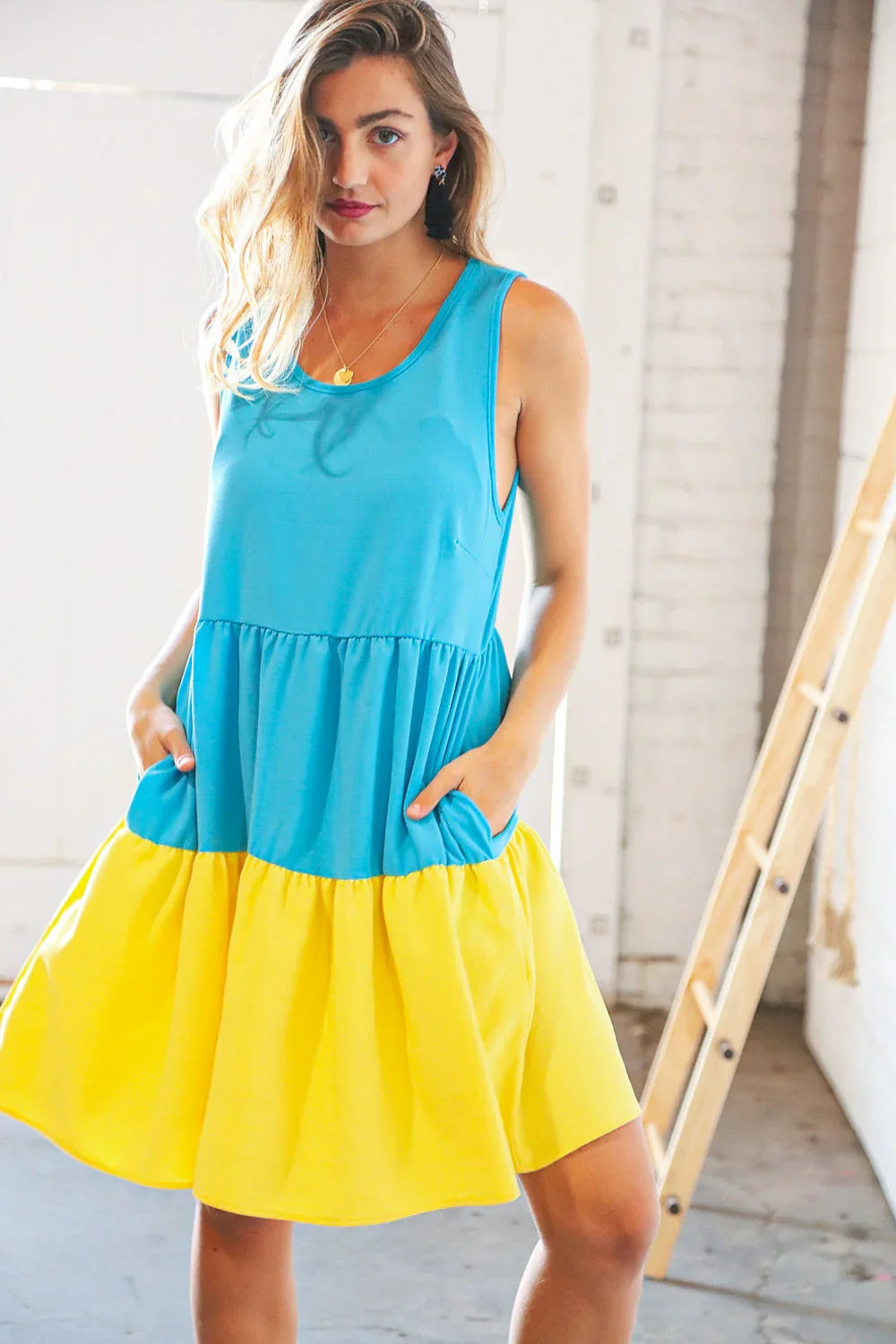 Blue Flare Color Block Tiered Woven Dress | Daverri Fashions