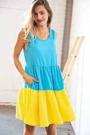 Blue Flare Color Block Tiered Woven Dress | Daverri Fashions