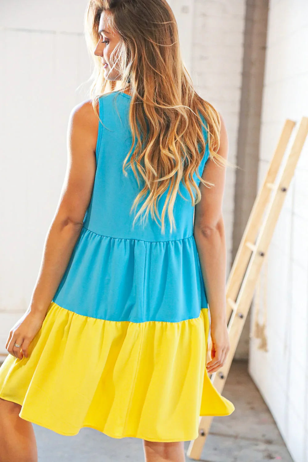 Blue Flare Color Block Tiered Woven Dress | Daverri Fashions