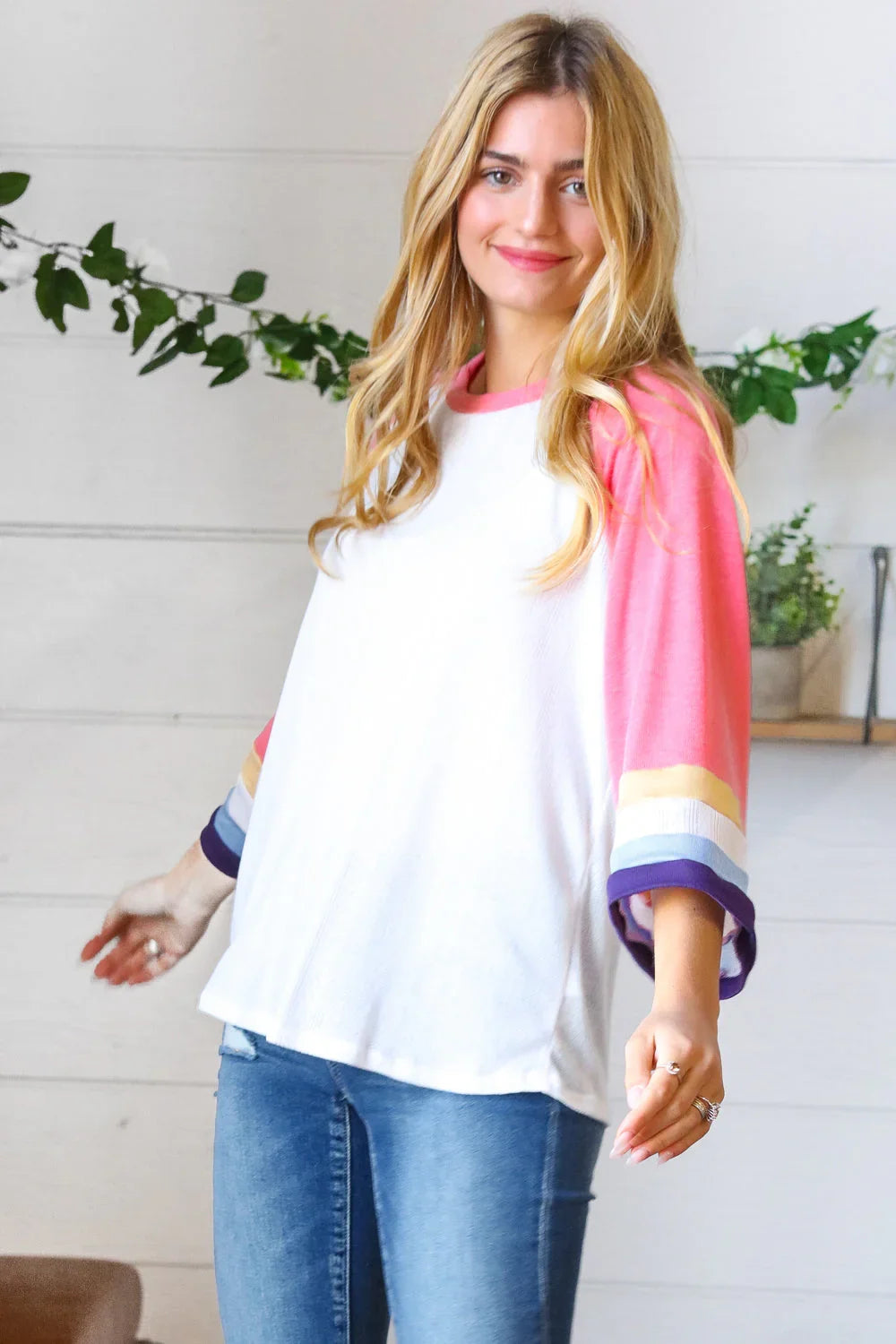 Pink Pointelle Color Block Wide Sleeve Pullover | Daverri Fashions