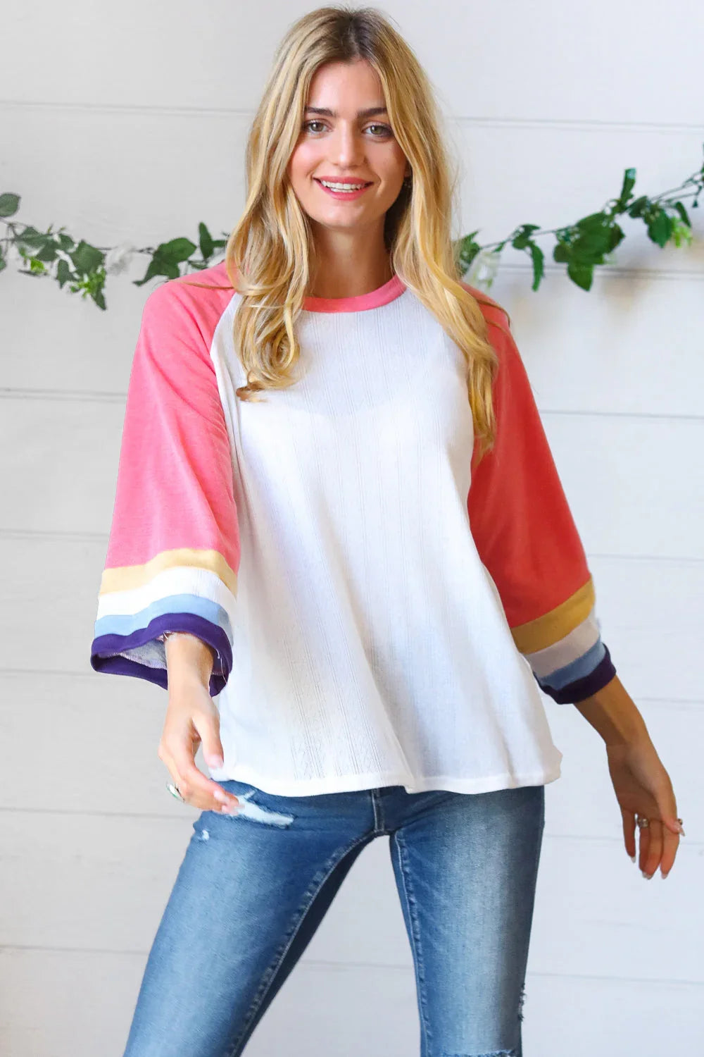 Pink Pointelle Color Block Wide Sleeve Pullover | Daverri Fashions