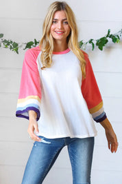 Pink Pointelle Color Block Wide Sleeve Pullover | Daverri Fashions