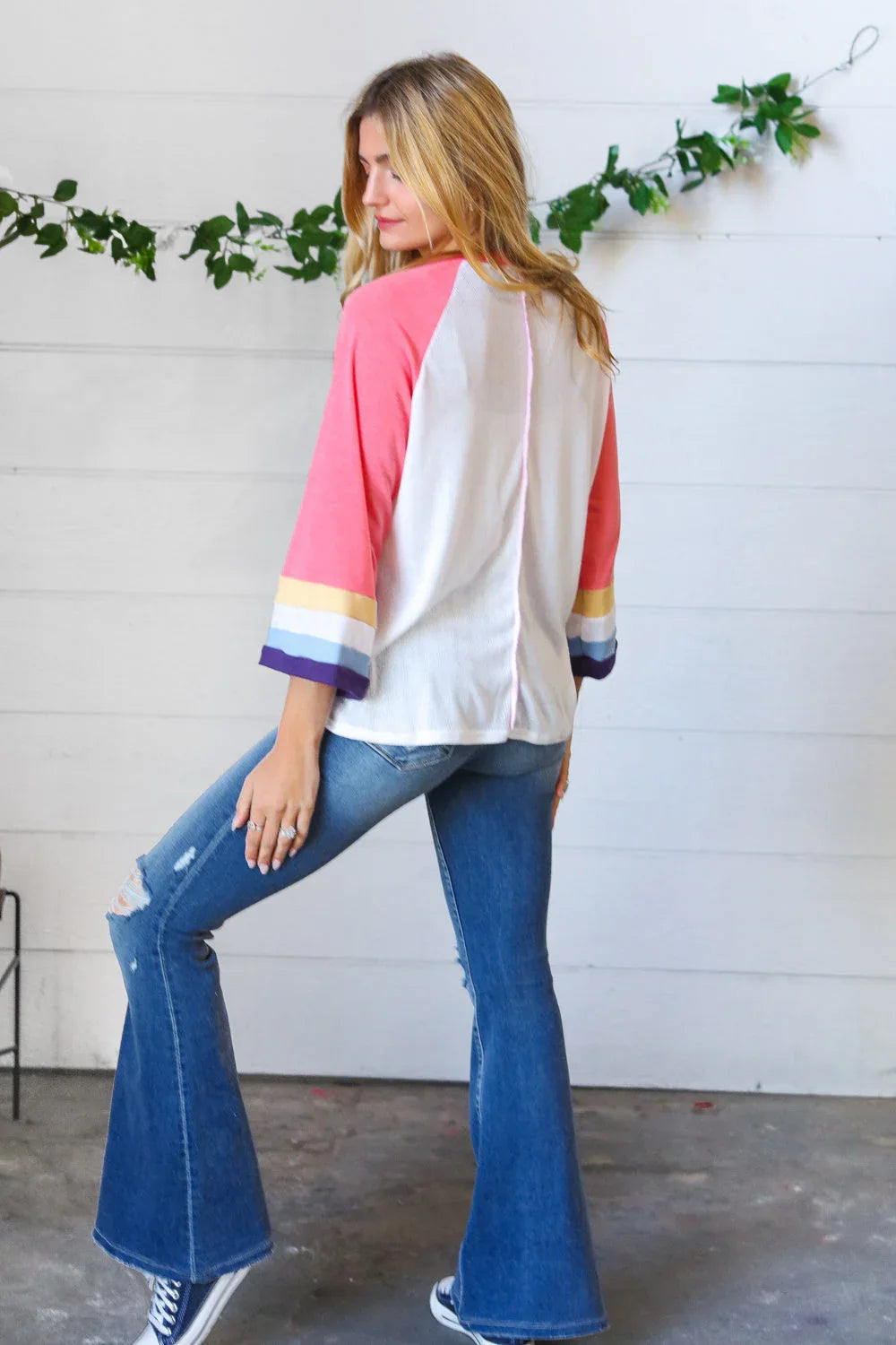 Pink Pointelle Color Block Wide Sleeve Pullover | Daverri Fashions