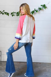 Pink Pointelle Color Block Wide Sleeve Pullover | Daverri Fashions
