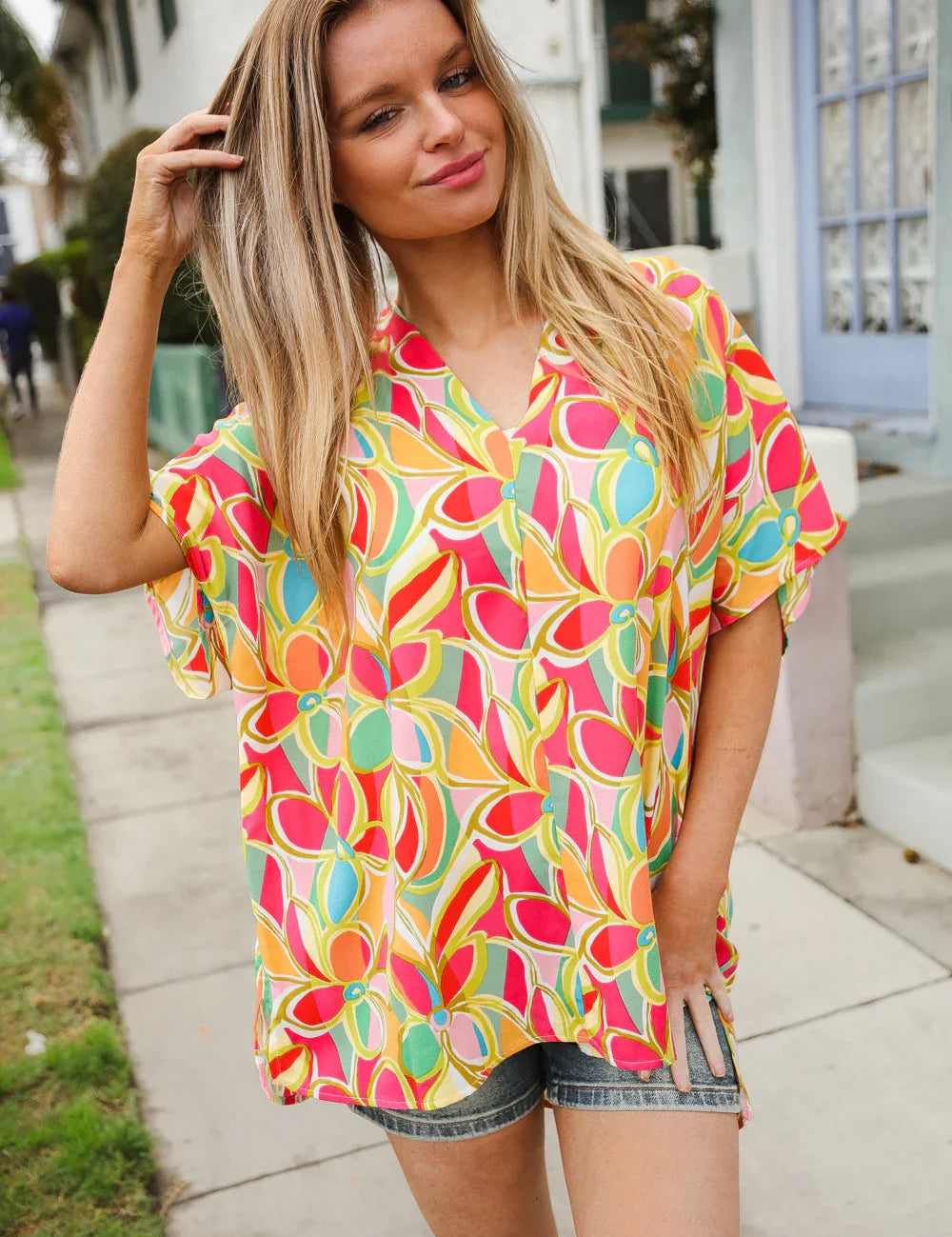 Casual Chic Multicolor Abstract V Neck Dolman Sleeve Top | Daverri Fashions