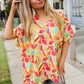 Casual chic multicolor abstract V-neck dolman sleeve floral top