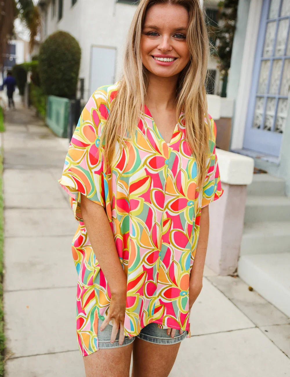 Casual Chic Multicolor Abstract V Neck Dolman Sleeve Top | Daverri Fashions