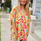 Vibrant casual chic multicolor abstract V-neck dolman sleeve floral tunic dress