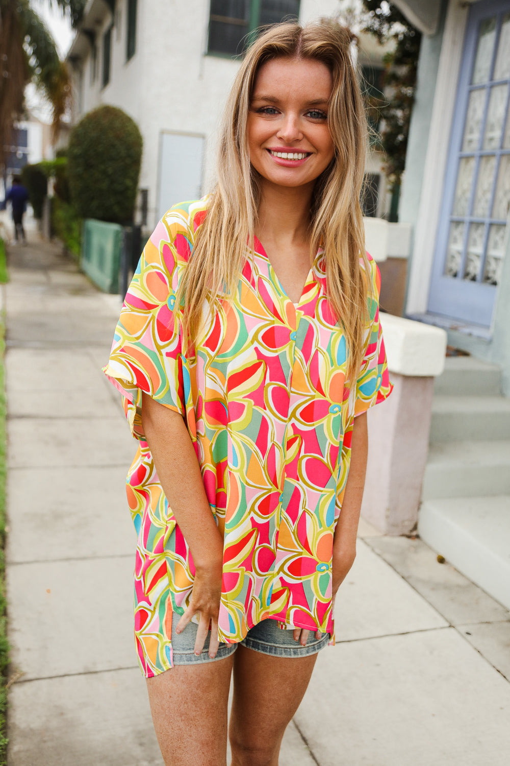 Vibrant casual chic multicolor abstract V-neck dolman sleeve floral tunic dress