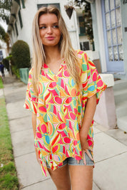 Casual Chic Multicolor Abstract V Neck Dolman Sleeve Top | Daverri Fashions