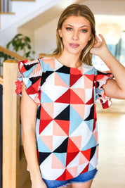 Burnt Orange Geo Print Smocked Ruffle Frill Sleeve Top | Daverri Fashions