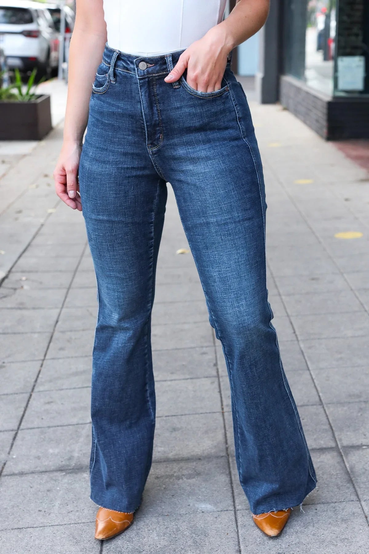 Judy Blue Dark Wash High Rise Flare Back Pocket Detail Jeans | Daverri Fashions