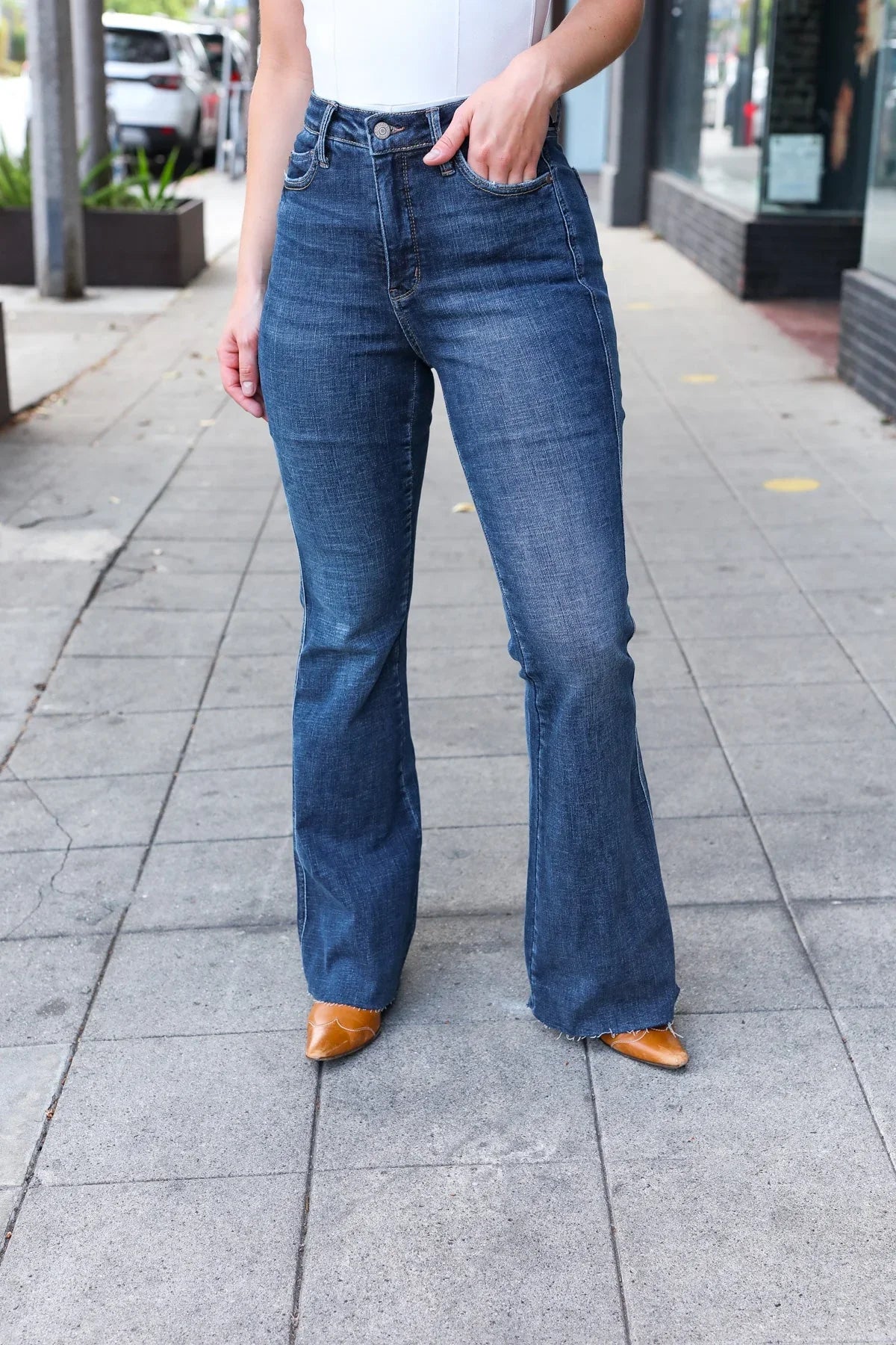Judy Blue Dark Wash High Rise Flare Back Pocket Detail Jeans | Daverri Fashions