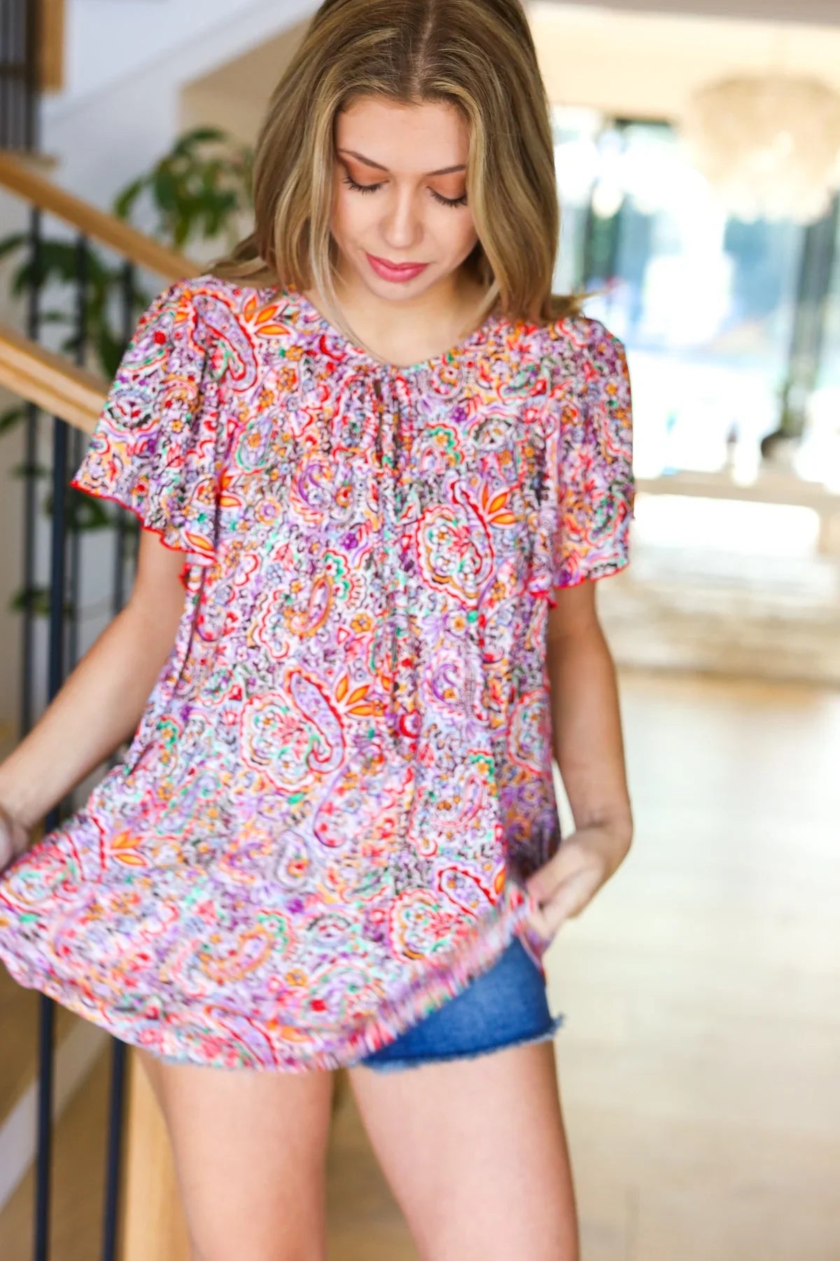 Plum Multicolor Boho Paisley Tie Neck Dolman Top | Daverri Fashions