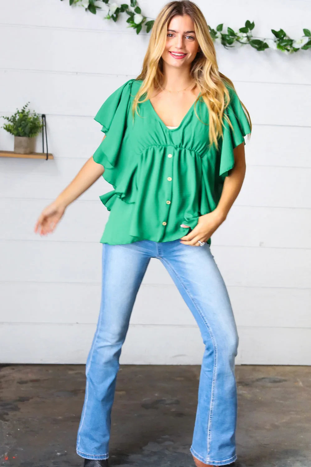 Sea Green Button Ruffle Woven Top | Daverri Fashions