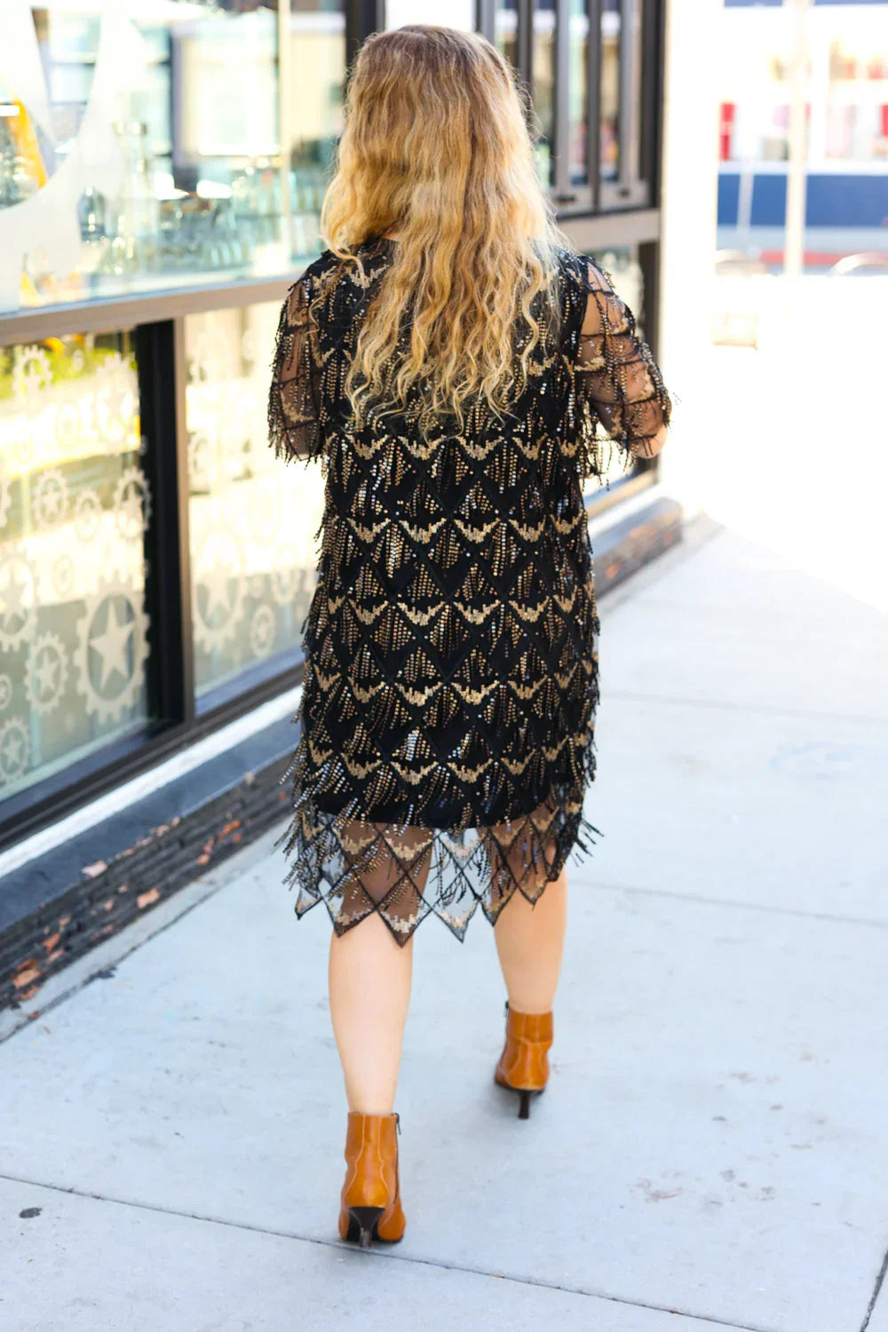 Feeling The Love Black & Gold Diamond Pattern Sequin Fringe Dress | Daverri Fashions