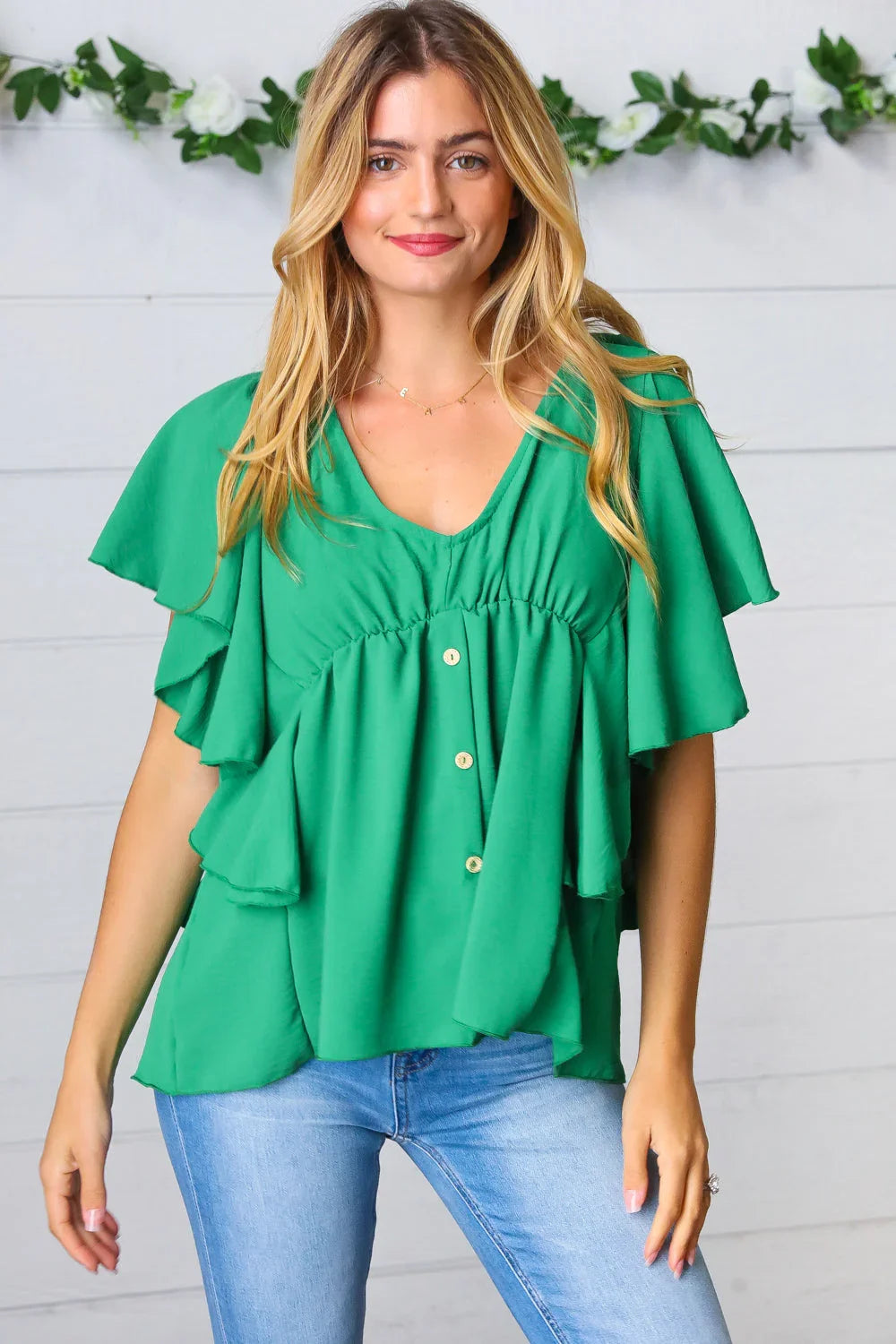 Sea Green Button Ruffle Woven Top | Daverri Fashions