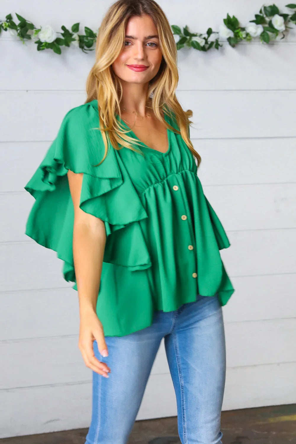 Sea Green Button Ruffle Woven Top | Daverri Fashions
